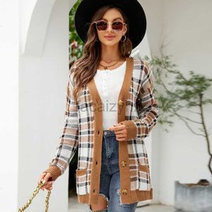 Kvinnors tröjor Autumn/Winter New Women's Diamond Loose Sticked Cardigan Jacquard Mid Length Sweater Coat Fashion T Shirt Tops