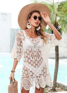 Vestidos casuais básicos de crochê de biquíni com traje de banho sexy vestido de praia curta mulher 2022 verão blusa casual maiô camisa de roupas de banho de praia 240419