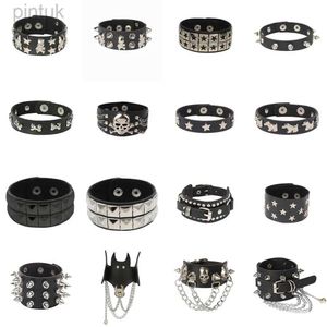 Chain New Skull Punk Gothic Rock Chains Metal Stud Spikes Rivet Pu Leather Wristband Bangle Wide Cuff Bracelet Women Men Jewelry 2023 d240419