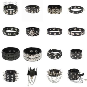 Cadeia New Skull Punk Gothic Rock Cades Metal Stud Spikes Rivet PU Pulseira de couro de couro largo Pulseira Mulheres homens jóias 2023 D240419