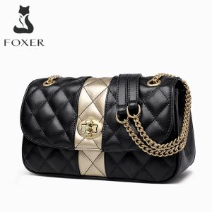 Väskor Foxer Women Crossbody axelväskor Diamond Litter Flap Lady Purse Split Leather Chain Strap Messenger Bag