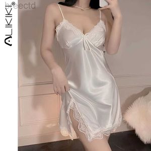 Damskie sleep salon satynowe koszulki nocne dla kobiet seksowna bielizna koronkowa sukienka z poślizgnięciem jedwabne niedotarganie babydoll Nightwear D240419