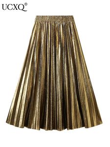 UCXQ Solid Color High Waist Metallic Shiny Silk Organ Skirt Gold Sliver Pleated Half Skirts For Women 2024 Spring Autumn 23A7002 240407