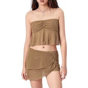 Vestidos de trabalho Mulheres 2 peças roupas de verão Rouched Mesh Bandeau Tops e Elastic Irregular Mini Skiot Streetwear Roupas estéticas