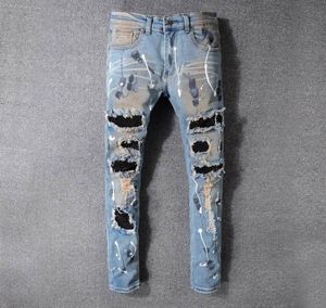 Jeans de designer de marca famosa jeans Slim fit masculino jeans skinny homens mulheres motocicletas motocicletas hip hop angustiado jeans calças 9712475