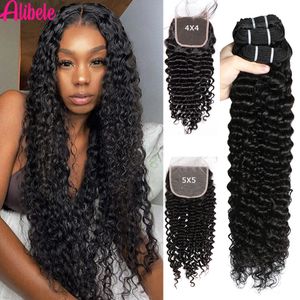 5x5 HD Lace Closure With Bundles Brazilian Deep Wave Curly Hair 4x4 Remy HumanHair WithClosure 240402