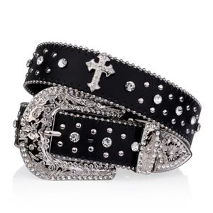 Black Cross Rivet Cinturão Grilhão Gravada Stromestone Decoração PU CINTEIRO HIP CONJUNTO PALTAS DE PENTES PONTE Punk Cowgirl Belts 246 240419