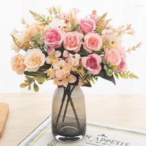 Decorative Flowers Artificial Simulation Flower Hydrangea Plastic Grass Rose Bouquet Wedding Pography Props Home Table Autumn Decoration