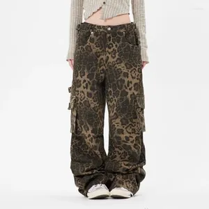 Kvinnors jeans Autumn Winter Baggy Cargo Woman American Street Style Wide Leg Women Leopard Print Straight Tube Pants Y2K