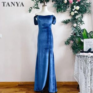 Party Dresses Long Mermaid Night Blue Velvet Evening Dress Off the Shoulder Sweetheart Zip Back Simple Formal Lady Event Gown