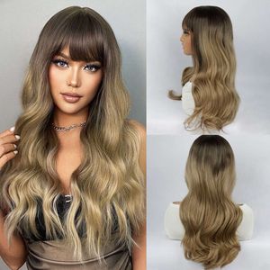 human curly wigs Wig womens gradient golden brown bangs long curly hair synthetic fiber full head cover daily highlight dyeing cos