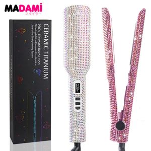Rhinestones Flat Iron Professional Hair Straightener Curler Hand Made Crystal Diamond With LCD Display Wide Plate Irons 240401