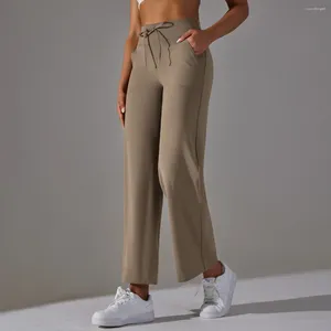 Calça feminina perna larga com bolsos soltos ioga de ioga alta cintura lençata cordão de cordão ao ar livre academia casual ginásio esportes