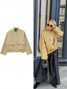 TRAFZA Womens Fashion Pocket Short Jacket Trendy Street Sequins Woven Loose Jacket Gold Stand Collar Long Sleeve Jacket 240408