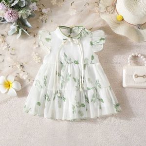 Girl's Dresses Summer New Girl Baby Dress Hand-painted Green Light and Thin Mesh Flower Small Flying Sleeves Chinese Sweet Princess Dress d240419