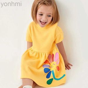 Vestidos de menina pulando medidores de 2-8 anos novos vestidos de chegada de meninas Apliques de flor que venderá verão Crianças Crianças de manga curta Baby Frocks D240423