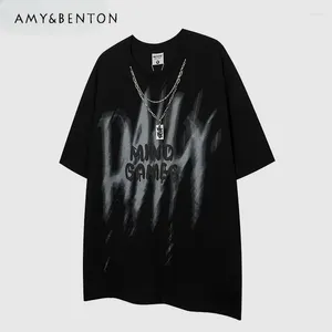 Kvinnors T -skjortor harajuku personlighet Street Chain Pendant Round Neck Short Sleeve Top Gothic Letter Print överdimensionerad skjorta Y2K -grafik