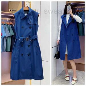 Women's Trench Coats Designer Women's Cotton Sleeveless Long Windbreaker Blue RJP4