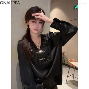 Женские блузки Onalippa Sequined Puff Long Roolves v Nece Chic Button Casual Рубашки французские женские топы жены