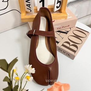 Casual Shoes IPPEUM Split Toe Flats Plus Size 44 Women Ballerina Brown Leather Mary Jane Buckle Girls Dress Ballet Flat