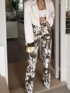 Jeans femininos Longa moda feminina roupas primavera verão leopardo design de impressão de meninas de cintura alta calça reta Slim
