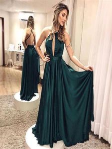 2019 New Elegant Simple Dark Green Rückenless Prom Kleider Criss Cross formelle Kleider Abend Kleidung Bodenlänge billige Party Prom Gow6499702