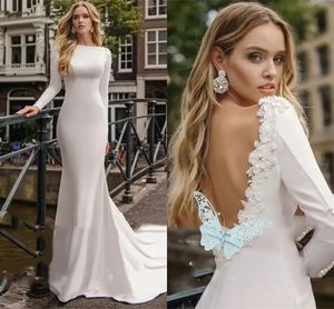 Minimalist Simple Mermaid Wedding Dresses Boho Garden Long Sleeves Bridal Gowns Sexy Open Back 3d Flowers Beaded Court Train Elegant Bride Robes de Mariee YD