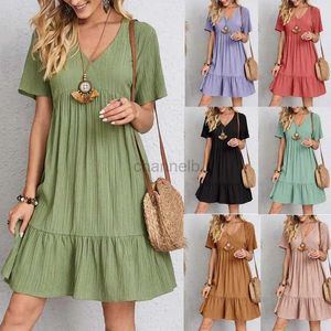 Basic Casual Dresses Women Short-Sleeved Dress V-Neck Basic Mid Dress Summer Fashion Casual Party Beach Holiday Dress Womens Overalls Female Clothes 240419
