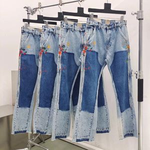 Frauen Jeans hochwertige handbemalte Tinte Spleiß ausgestoßener Hosen lässig Blau Denim Männer Frauen Tide Marke