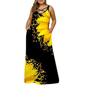 2023 VNECK CROSS GRAPS SOMMER KLEID KLEIDE Women Kurzarm Ärmelessen und Taschen Gradientendruck Maxi 240412