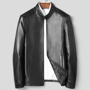 Genuine leather jacket for mens sheepskin jackets stand collar motorcycle biker coat outerwear tops spring windbreakers