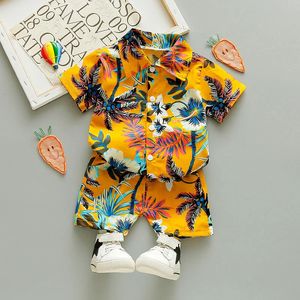 Boy Childrens kläder baby flicka kläder sommar baby toppbyxor 2st korta uppsättningar bomullsblommor hawaiian strandstil kläder 240418