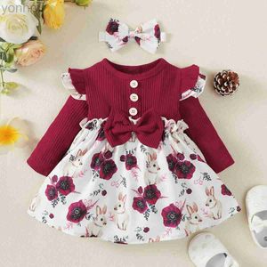 Vestidos de menina 0-2 anos de idade recém-nascida meninas de meninas primavera e outono Round Wine Long Wine Red Patchwork Rabbit Print Cute Dress D240423