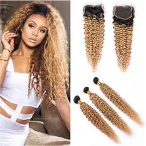 Wefts #1B 27 Ombre Human Hair Bundles with Closure Kinky Curly Ombre Honey Blonde Lace Closure with Weaves Dark Root Ombre Hair Extensio