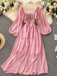 Basic Casual Dresses Women Chiffon Dress New 2020 Spring Autumn Puff Sleeve Square Neck Vintage Dresses Ladies Elegant Party Dress Beach Wear 240419