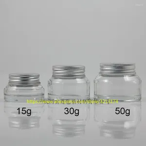 収納ボトル15g 30g 50g透明な透明ガラスクリームジャーコスメティックアイはポットフェイシャルローションティンスキンケアパッキングコンテナを覆うことができます