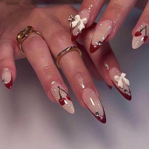 False Nails 24pcs Red Cherry Fake Nails French Almond Press on Nails with white Bow Decor Full Cover Wearable False nail Tips For Women Y240419