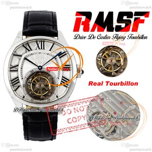 Drive Flying Tourbillon Automatic Mens Watch RMSF Steel Case Silver Black Roman Dial Leather Strap Super Edition Watches Reloj Hombre Montre Puretime PTCAR