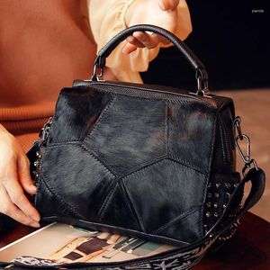 Shoulder Bags Female Natural Horse Hair Handbag With Rivet Details 2024 Women Fashion Microfiber Leather Messenger Bag Wide Strap