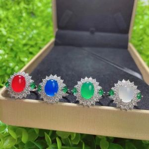 Cluster Rings 925 Silver Inlaid Green Chalcedony Female Ring Red Agate Jade