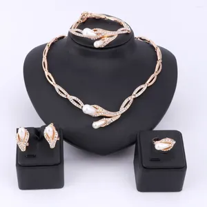 Necklace Earrings Set Women Accessories Wedding Bridal Imitation Pearl Crystal Bracelet Ring Costume Jewelry