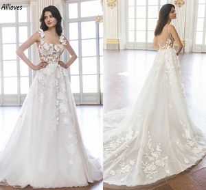 Modest Ivory Tulle A Line Wedding Dresses Charming Floral Lace Boho Garden Bridal Gowns Court Train Plus Size Backless Women Bride Reception Robes de Mariee CL3517