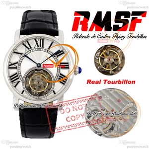 Rotonde Flying Tourbillon Mens Mens Watch RMSF Steel Case Silver Black Roman Dial Leather Strap Super Edition Watches Reloj Hombre Montre Phecar Ptcar