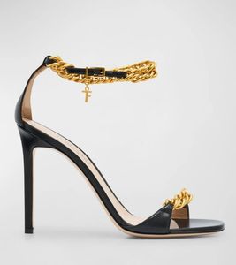 Kadın TF Yüksek Sandalet Zincir Deri Deri Sandal ayak bileği kayışı Stiletto Topuklu Buzağı Beyaz Siyah Deriler Lüks Tasarımcı Tom-