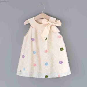 Flickas klänningar flickor sommar ny ärmlös klänning barn rund hals färgglada söt blomma stor båge baby tassel prinsessan klänning d240423