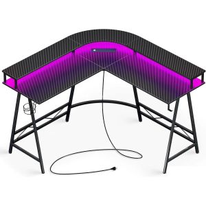 Möbel Schlafzimmer Möbelschreibtisch mit LED -Licht- und Stromauslassfamilien -Ecktischmonitor Stand Cup Halter Haken Kohlefaser Schwarz Tropfen D.