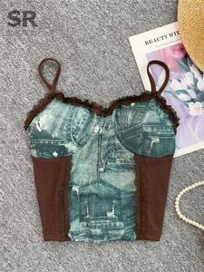 Kadın Tankları Tekerik Patchwork Dantel Arka Çıkmaz Kefimye Kadınlar Baskı Retro Elastik Bel Moda 2024 Bayanlar Gündelik Yaz Kahverengi Tank Top