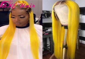 Ombre Yellow with brown Roots Lace Front Synthetic Wigs Pre Plucked Long Straight Wigs with Baby Hair for women4864625