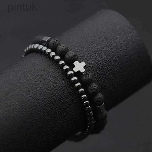 Chain 2pcs Men Bracelet Set Hematite Cross Braslet For Hombre Natural Lava Tiger Eyes Stone Braclet Homme Beaded Brazalete Pulseira d240419