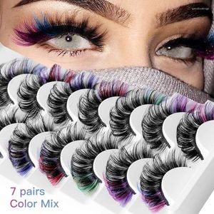 Falska ögonfransar 7 par falska med flerskikts tjockt korsat minkhår D-Curl Color-Mix